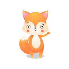 Cute friendly fox. Raster illustration in flat cartoon style on white background