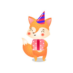 Birthday fox cub. Raster illustration in flat cartoon style on white background