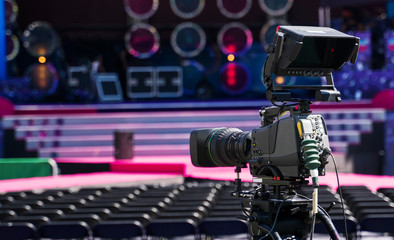 Professional video camera is ready to shoot the concert.