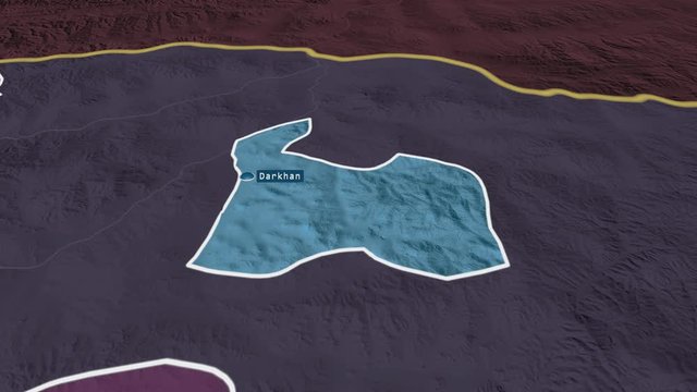 Darhan-Uul - municipality of Mongolia with its capital zoomed on the administrative map of the globe. Animation 3D