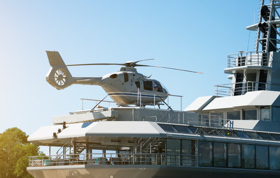 Private Luxury Ship With Helipad. Close-up View.