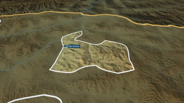 Darhan-Uul - municipality of Mongolia with its capital zoomed on the physical map of the globe. Animation 3D