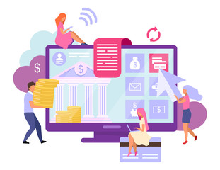 Funds control flat vector illustration. Online banking users. Financial management metaphor. Credit cards transactions. Online deposits, cashless payments. Internet bank account cartoon concept