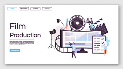 Film production landing page vector template. Video making website interface idea with flat illustrations. Movie pre production homepage layout. Filmmaking crew web banner, webpage cartoon concept