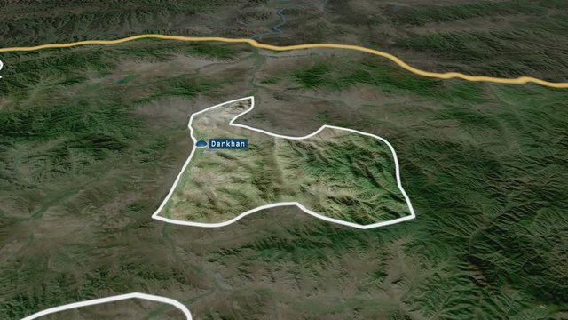 Darhan-Uul - municipality of Mongolia with its capital zoomed on the satellite map of the globe. Animation 3D