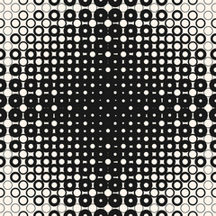 Vector halftone seamless pattern with circles, squares, rings. Radial transition