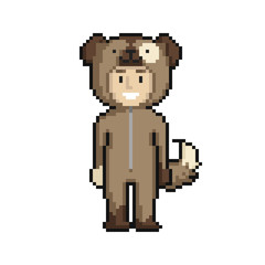 Fototapeta premium Сute cartoon kid in dog costume. Pixel art on white background. Vector illustration.