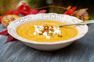 Butternut squash soup with feta crumbled on top