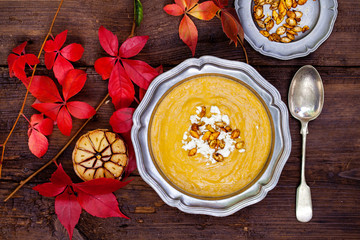 Butternut squash soup with feta crumbled on top