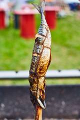 Smoked dried fish close up. Agricultural Exhibition