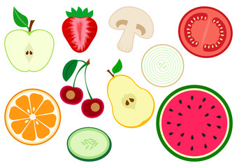 Set of half fruits and vegetables. Apple, strawberry, mushroom, tomato, onion, pear, cherry, orange citrus, cucumber, watermelon. Vector illustration