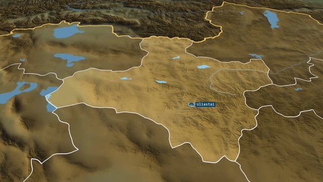 Dzavhan - province of Mongolia with its capital zoomed on the physical map of the globe. Animation 3D