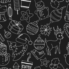 seamless pattern with New Year elements in monochrome colors