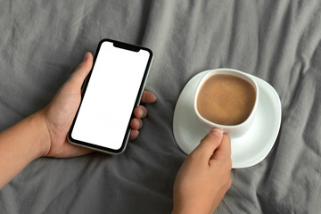 Woman hands holding smart phone with blank copy space screen for your text message or information content, female reading text message on cell telephone sitting in bed 