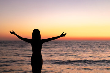 Silhouette of beautiful young gracile pensive woman with a freedom feeling  rise hand up on beautiful sunset. Freedom and travel adventure happy feeling concept.