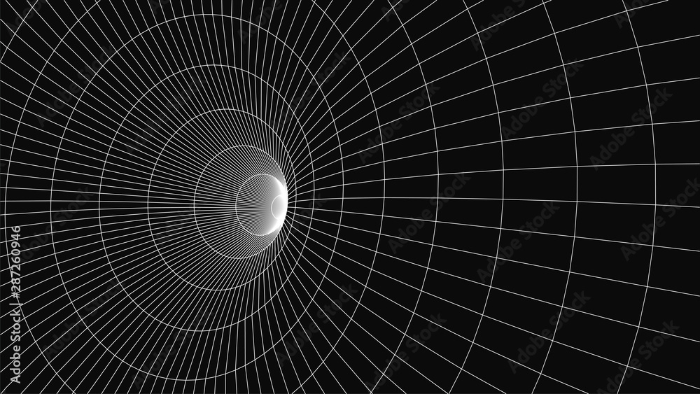 Poster Wireframe 3D tunnel. Perspective grid background texture. Meshy wormhole model. Vector Illustration.