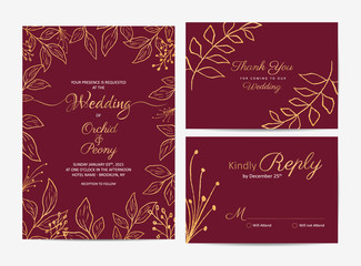 Maroon blue wedding invitation cards template with rustic golden leaves. Golden red decorative save the date, greeting, poster multi-purpose use. Rustic card greeting cards concept