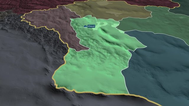 Hovd - province of Mongolia with its capital zoomed on the administrative map of the globe. Animation 3D