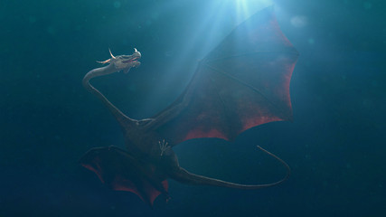 Fototapeta na wymiar dragon, magical creature swimming underwater (3d fantasy illustration)