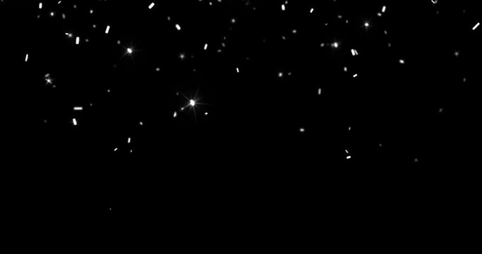 falling silver metallic glitter foil confetti, animation movement on black background, holiday and festive fun