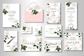 Fototapeta na wymiar Wedding invitation with Rose flower, watercolor, isolated on white. Vector Watercolour.