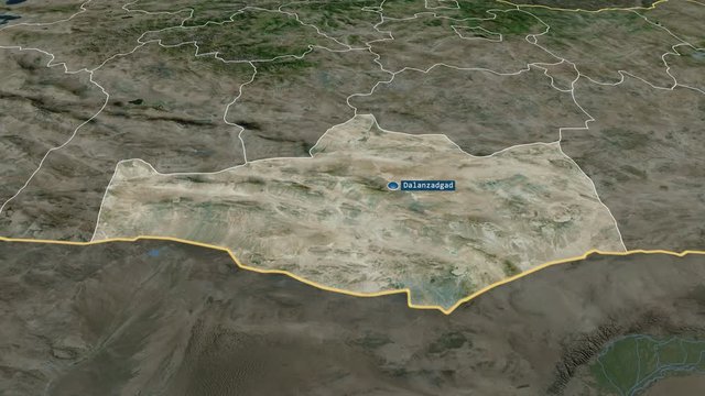 Ömnögovi - province of Mongolia with its capital zoomed on the satellite map of the globe. Animation 3D