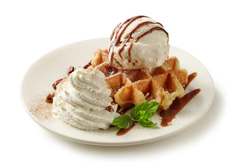 belgian waffle dessert on white plate