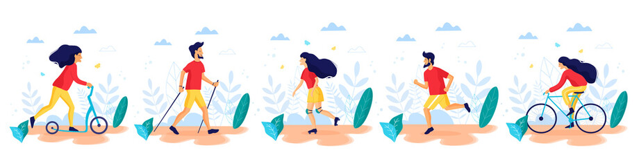 Healthy lifestyle. Different physical activities: kick scooter, nordic walking, meditating, roller skating, cyckling, running. Flat vector illustration.