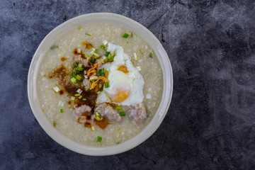 Congee, Rice porridge with minced pork, boiled egg, great for breakfast.