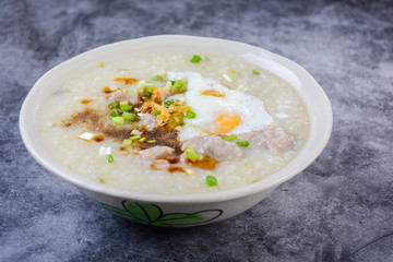 Congee, Rice porridge with minced pork, boiled egg, great for breakfast.
