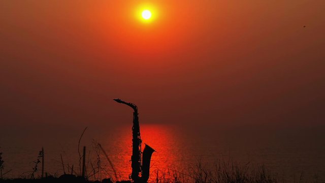 Saxophone in the sun. sunset time