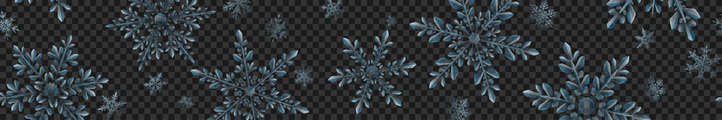 Christmas banner of large complex translucent snowflakes in light blue colors on transparent background. With horizontal repeating pattern. Transparency only in vector format