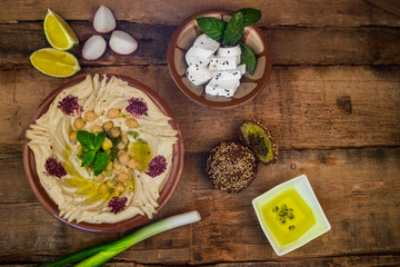 Homos and Foul and falafel with white cheese and fresh salad