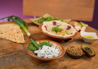 Palestinian Breakfast with fresh Vegetables and falafel 