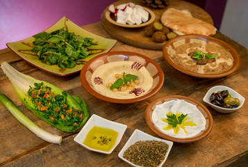 Fototapeta na wymiar Hummous with falafel the Middle East Arabic Healthy Breakfast
