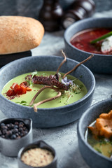 Gray plates with different soups on a gray background. Plate with asparagus soup with octopus, a plate of traditional borscht with sour cream, a plate with mushroom soup and standing on multi-colored