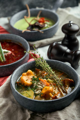 Gray plates with different soups on a gray background. Plate with asparagus soup with octopus, a plate of traditional borscht with sour cream, a plate with mushroom soup and standing on multi-colored