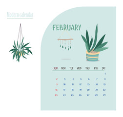 Calendar 2020. Calendar set with modern plants and home garden floral in minimalistic geometric scandinavian style and trendy colors. Week Starts on Sunday.February. Illustrations