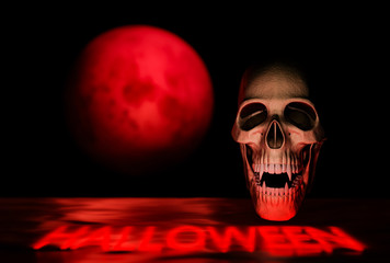 Vampire skull on black with red moon, Halloween background concept - 3d render