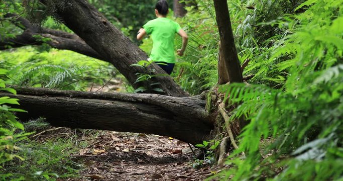 Sportswoman ultramarathon runner running in tropical rainforest ,jumping over the obstacles fallen tree logs caused by typhoon 