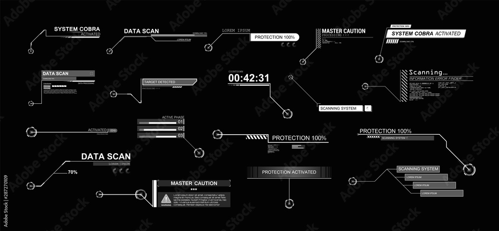 Poster Callouts titles in HUD style. Futuristic callout bar labels, information call box bars and modern digital info boxes layout templates. Interface elements HUD, UI, GUI. Vector Titles set