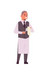 professional waiter polishing wine glass with towel man restaurant worker in uniform flat full length white background vertical