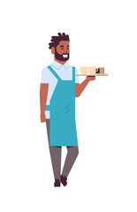 professional waiter holding coffee and cake on tray african american man restaurant worker in apron serving food concept flat full length white background vertical
