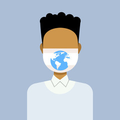 man wearing protective face mask with globe earth icon environment protection save world concept african american guy profile avatar male cartoon character portrait flat