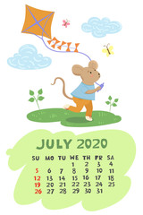 July 2020 calendar with a mouse holding a kite Vector graphics