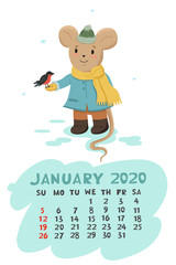 Calendar for January 2020 with a mouse that feeds the bird crumbs. Vector graphics.