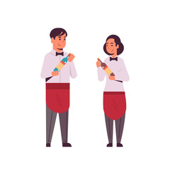 professional waiters couple holding bottles of wine man woman restaurant workers in red apron offering alcohol drinks flat full length white background