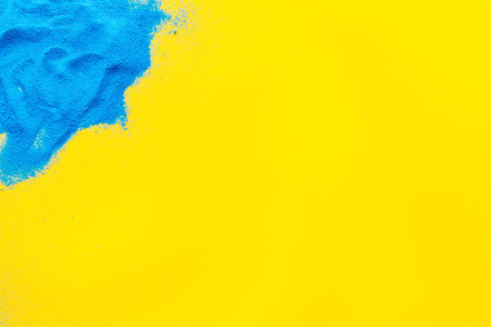 Modern design for blor with blue sand texture on yellow background top view mock up