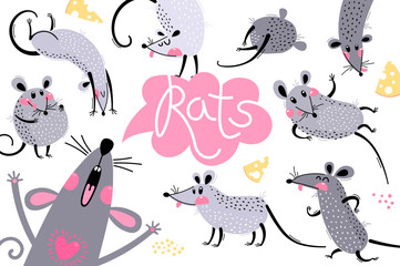 Set of funny rats for design. Cute little mice in different poses. Merry mouse romp. Vector illustration