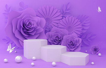 Display background for Cosmetic product presentation. Empty showcase,  3d rose flower illustration rendering.